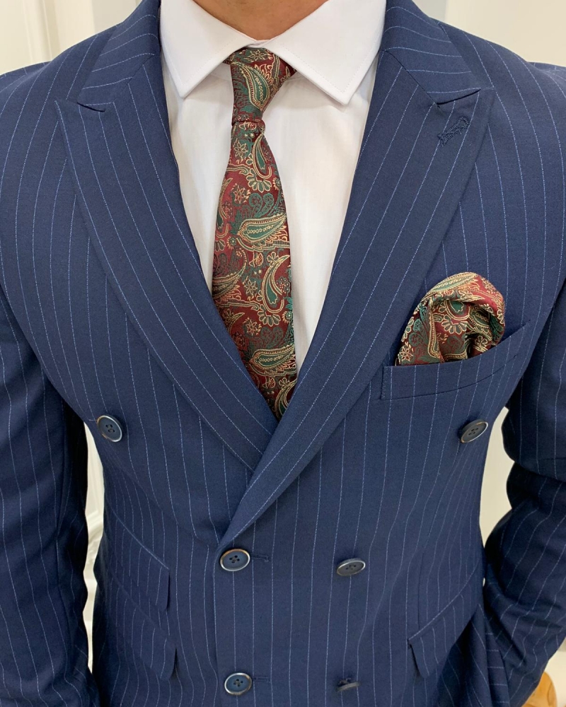 Navy Blue Slim Fit Double Breasted Pinstripe Suit by GentWith.com with Free Worldwide Shipping