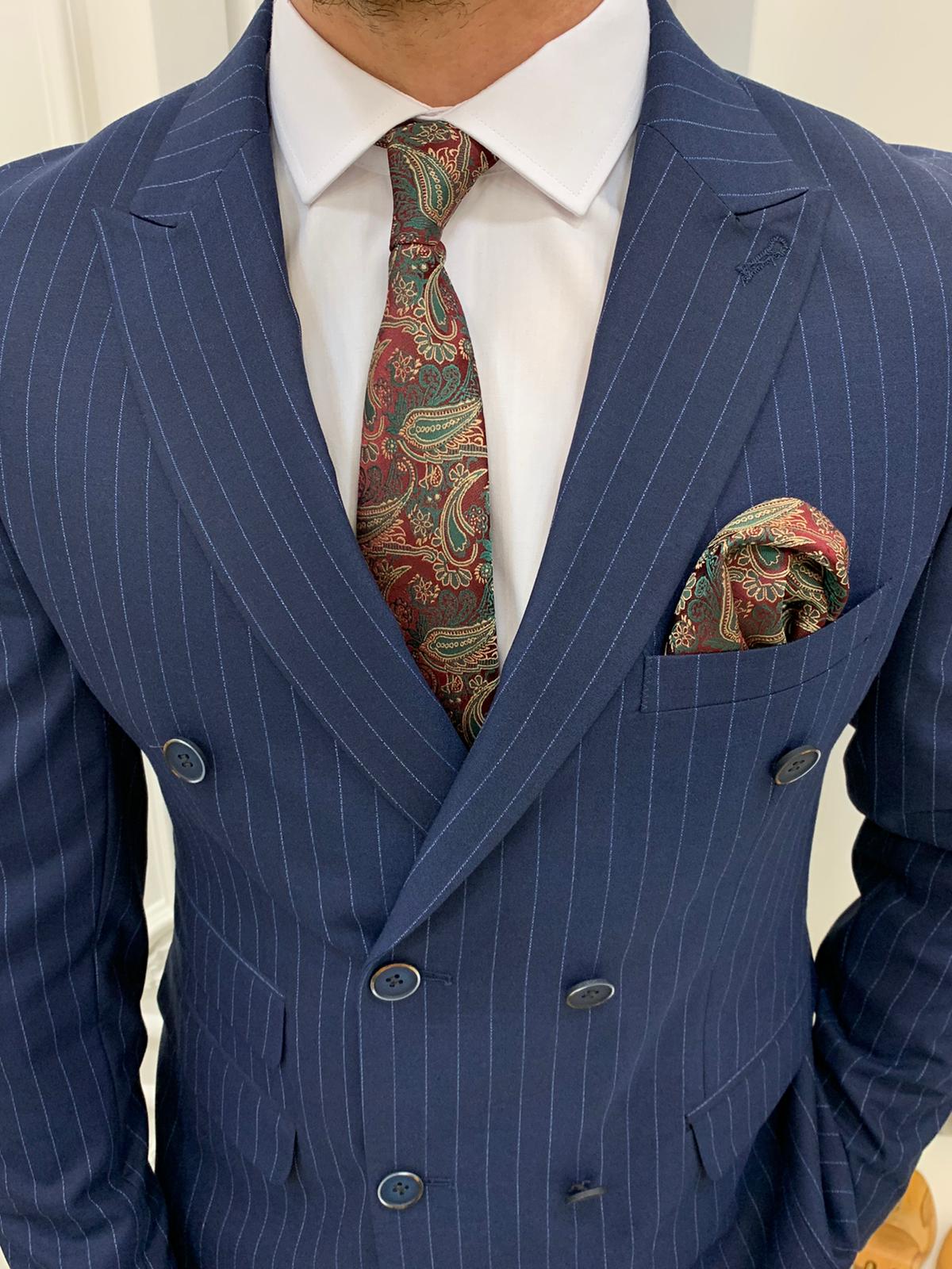 GentWith Sioux Dark Blue Slim Fit Double Breasted Pinstripe Suit