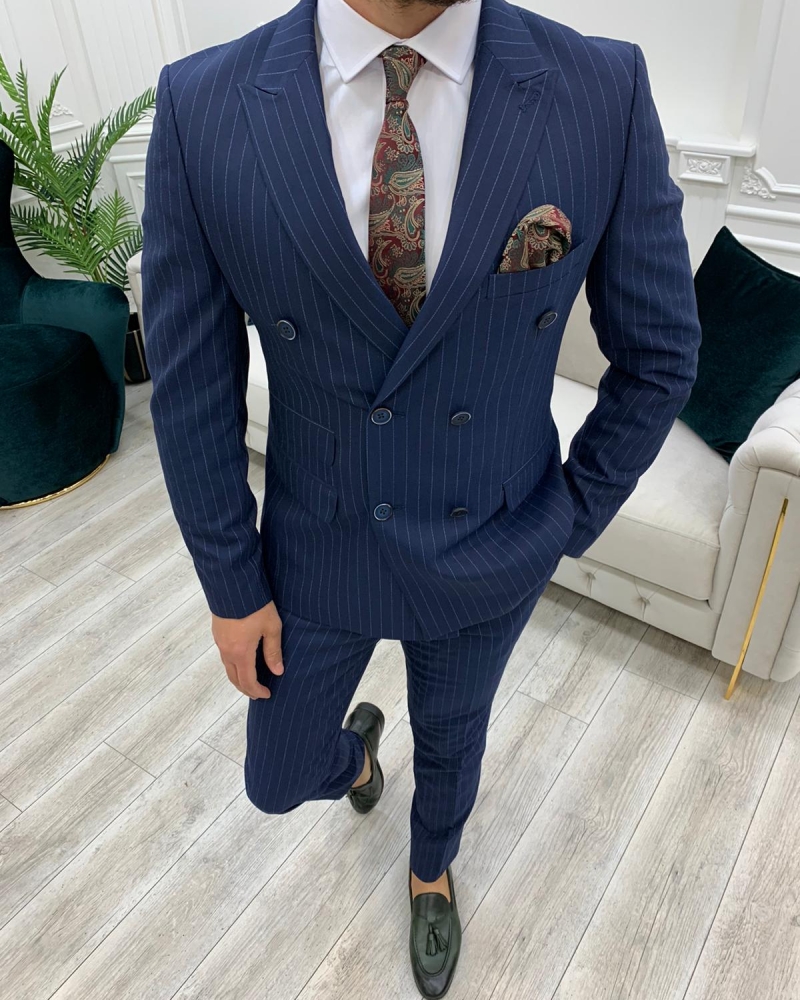Navy Blue Slim Fit Double Breasted Pinstripe Suit by GentWith.com with Free Worldwide Shipping