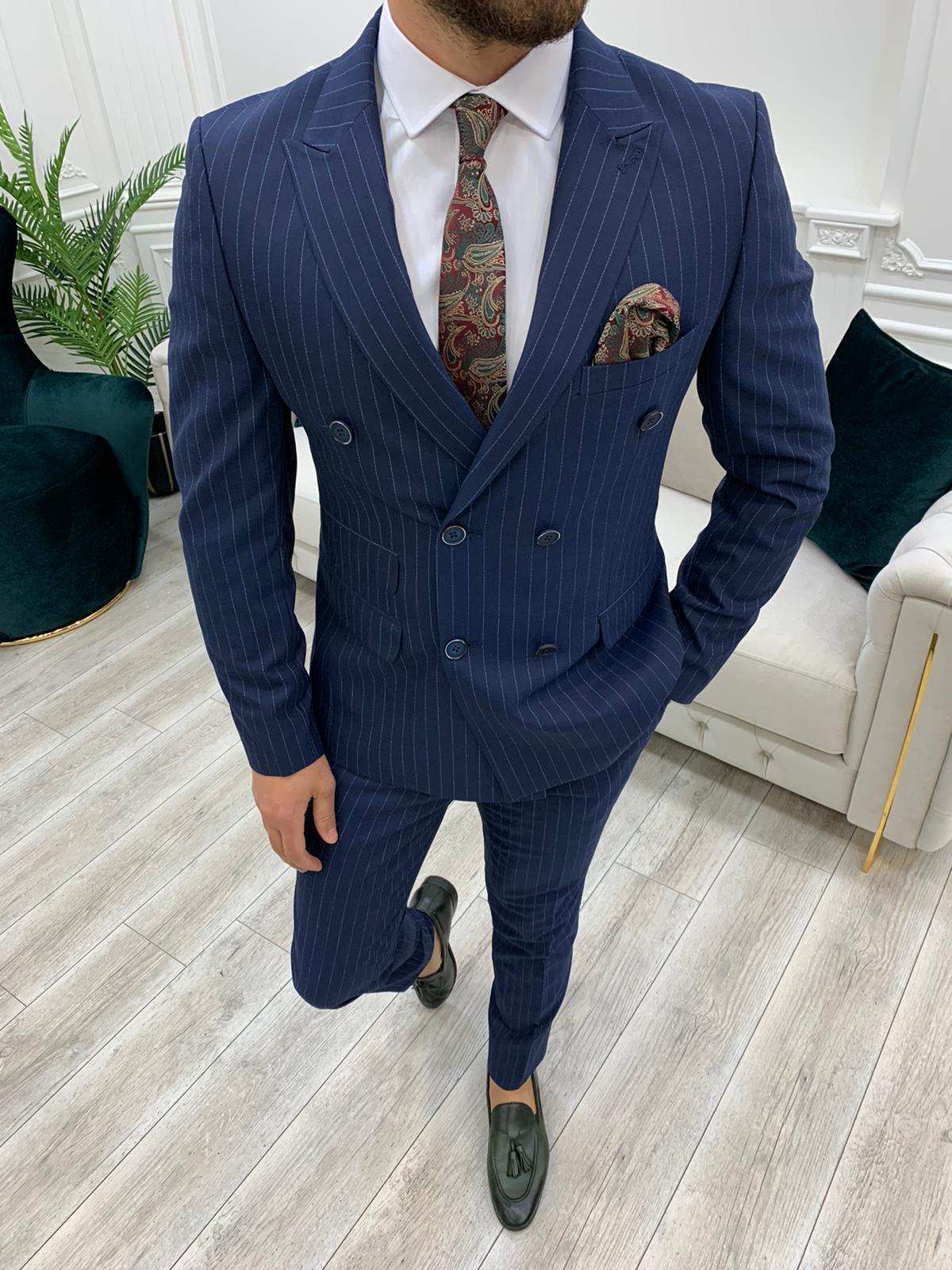 Buy Navy Blue Slim Fit Double Breasted Pinstripe Suit By