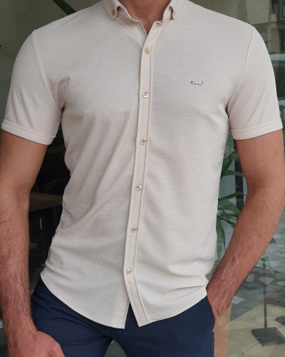 Beige Slim Fit Short Sleeve Shirt for Men by GentWith.com with Free Worldwide Shipping