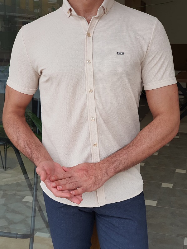 Beige Slim Fit Short Sleeve Shirt for Men by GentWith.com