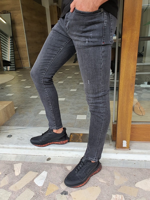 Gray Slim Fit Ripped Jeans by GentWith.com with Free Worldwide Shipping