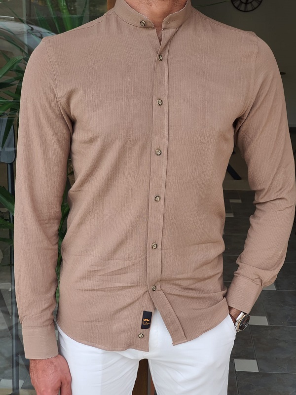 Beige Slim Fit Long Sleeve Cotton Shirt for Men by GentWith.com with Free Worldwide Shipping
