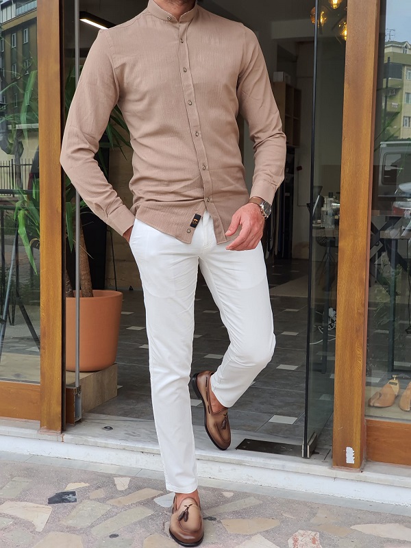 Beige Slim Fit Long Sleeve Cotton Shirt for Men by GentWith.com