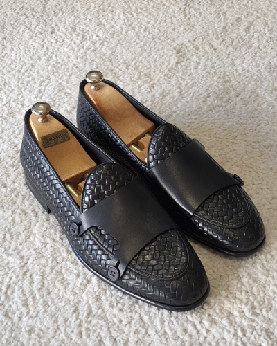 Black Woven Leather Double Monk Strap Loafers for Men by GentWith.com with Free Worldwide Shipping