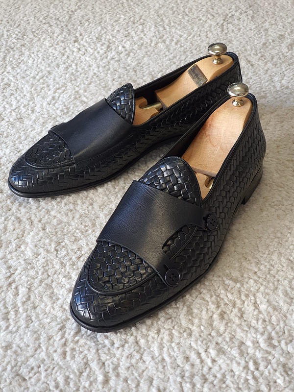 Black Woven Leather Double Monk Strap Loafers for Men by GentWith