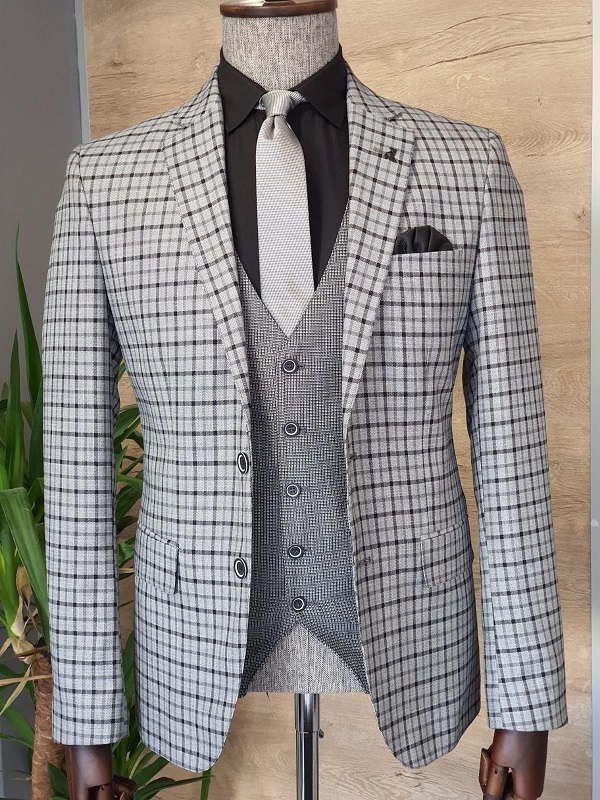 Gray Slim Fit Plaid Suit for Men by GentWith.com with Free Worldwide Shipping
