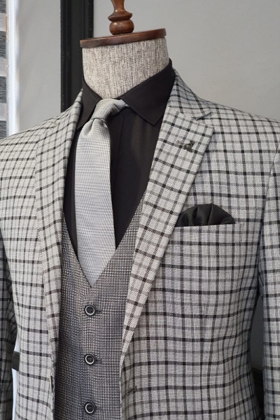 Gray Slim Fit Plaid Suit for Men by GentWith.com with Free Worldwide Shipping