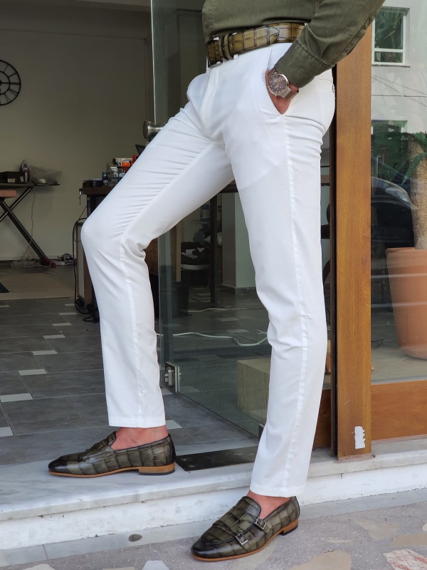 White Slim Fit Cotton Pants for Men by GentWith Worldwide Shipping