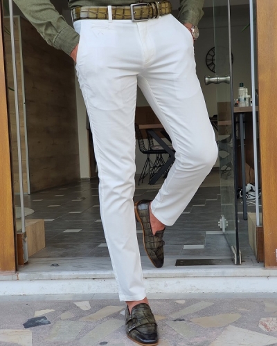 White Slim Fit Cotton Pants for Men by GentWith.com with Free Worldwide Shipping
