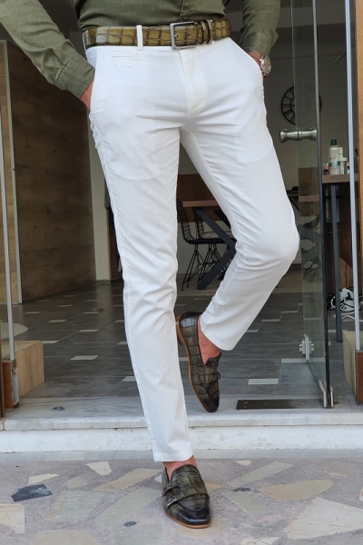 White Slim Fit Cotton Pants for Men by GentWith.com with Free Worldwide Shipping