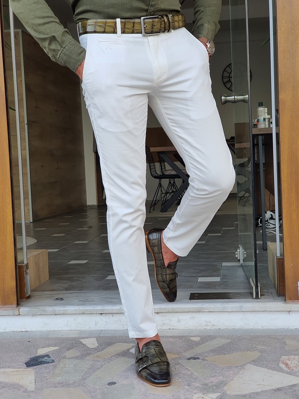 White Slim Fit Cotton Pants for Men by GentWith