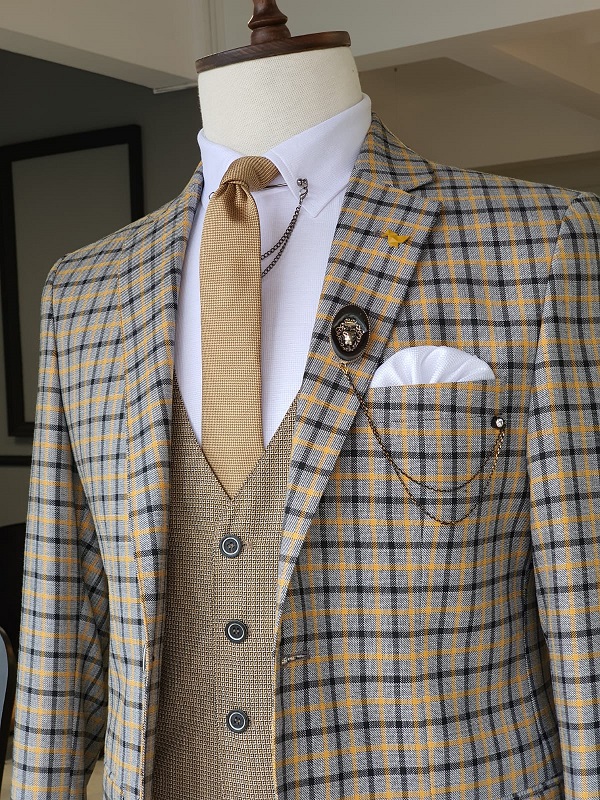 Yellow Slim Fit Plaid Suit for Men by GentWith.com with Free Worldwide Shipping