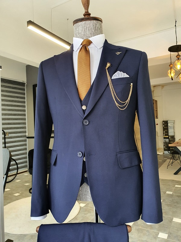 Navy Blue Slim Fit Cotton Suit for Men by GentWith | Worldwide Shipping
