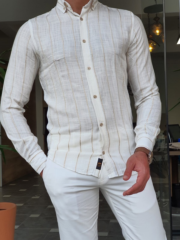 But White Slim Fit Long Sleeve Shirt by GentWith, Worldwide Shipping