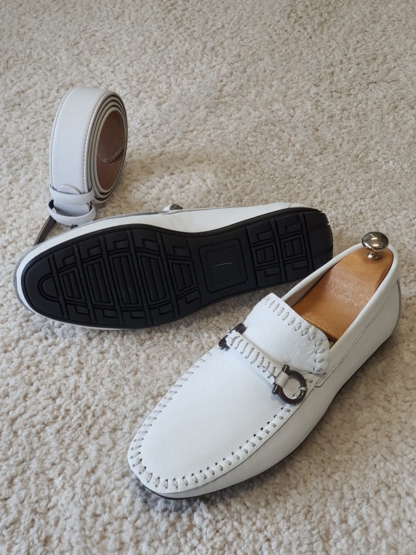 White Slip On Bit Loafers for Men by GentWith.com with Free Worldwide Shipping