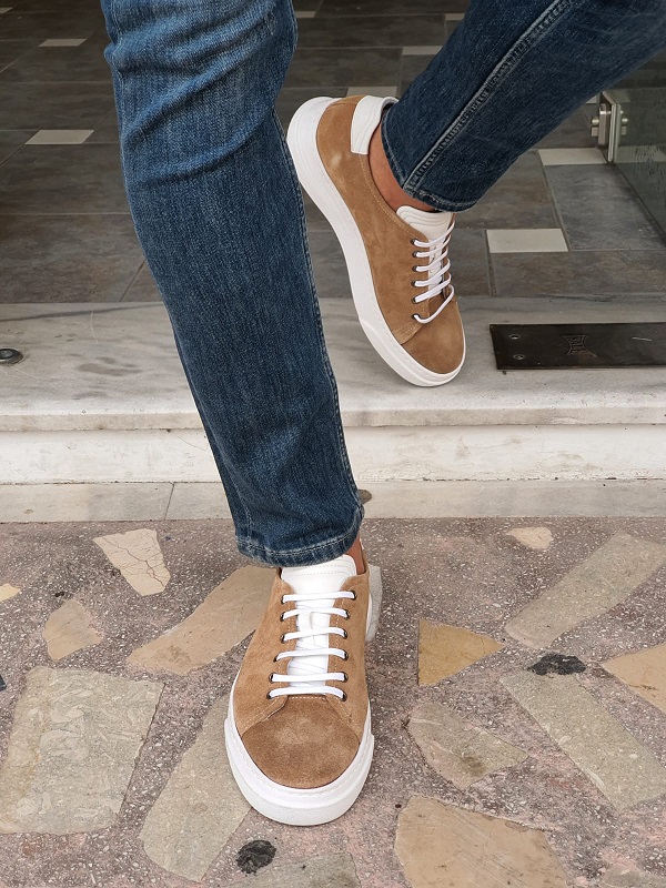 Beige Low-Top Suede Sneakers by GentWith.com with Free Worldwide Shipping