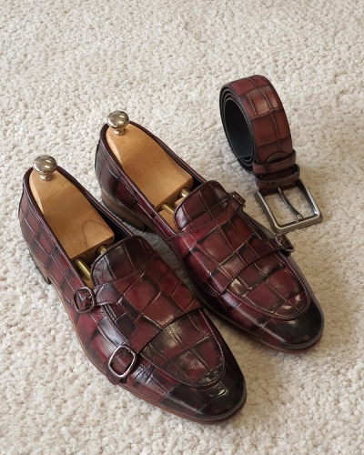 Burgundy Double Monk Strap Loafers for Men by GentWith.com with Free Worldwide Shipping