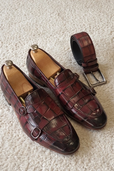 Burgundy Double Monk Strap Loafers for Men by GentWith.com with Free Worldwide Shipping