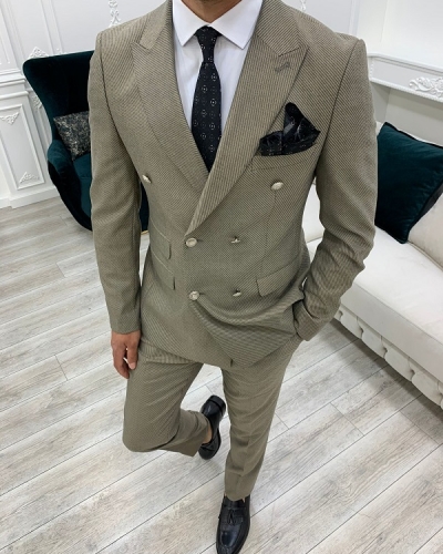 Beige Slim Fit Double Breasted Suit for Men by GentWith.com with Free Worldwide Shipping