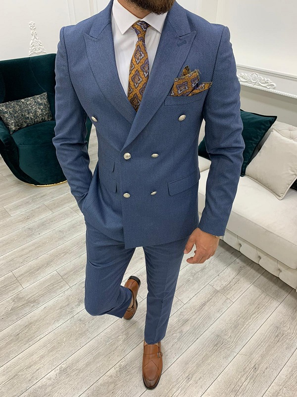 Blue Slim Fit Double Breasted Suit for Men by GentWith.com