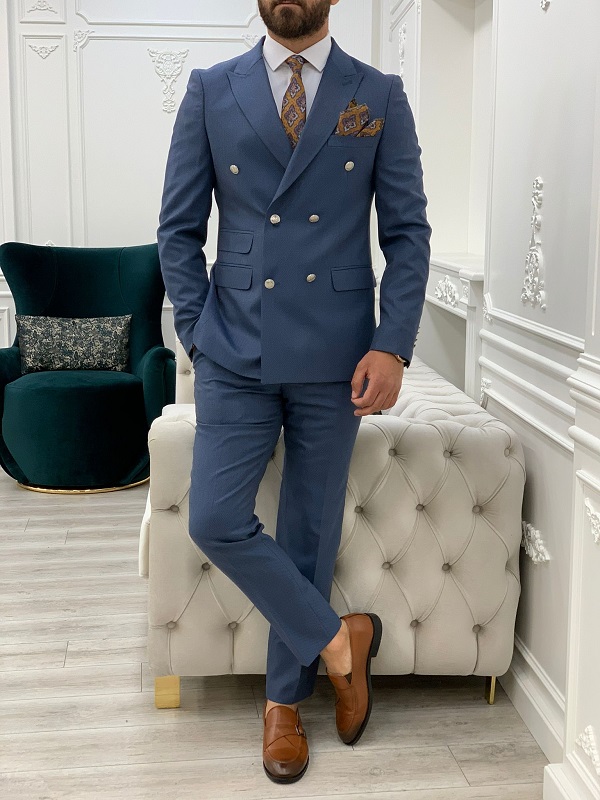 Blue Slim Fit Double Breasted Suit for Men by