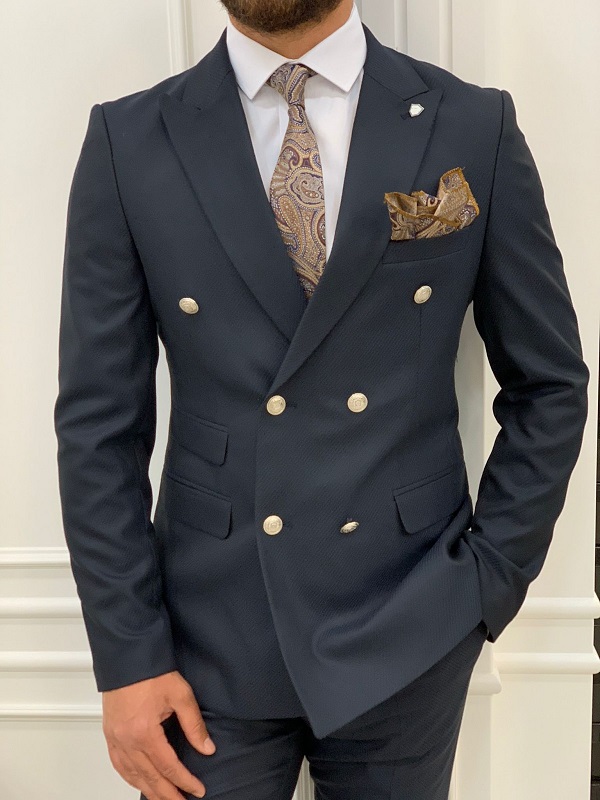 GentWith Sioux Dark Blue Slim Fit Double Breasted Wool Suit