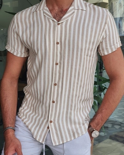 Beige Slim Fit Short Sleeve Striped Shirt for Men by GentWith.com with Free Worldwide Shipping