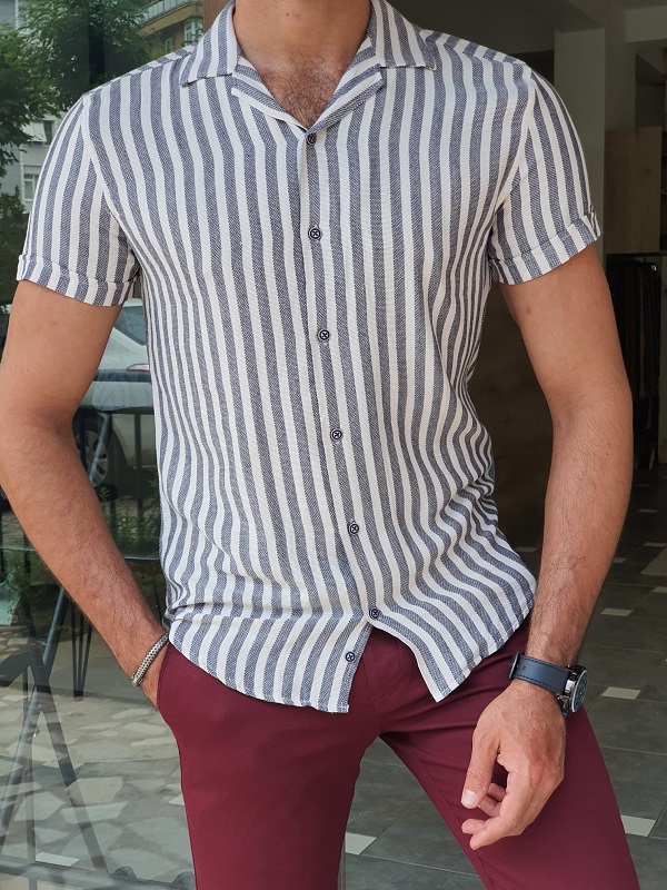Navy Blue Slim Fit Short Sleeve Striped Shirt for Men by GentWith.com