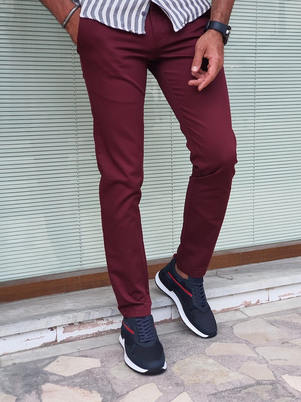 Burgundy Slim Fit Cotton Pants for Men by GentWith | Worldwide Shipping