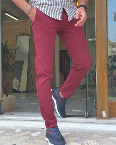 Burgundy Slim Fit Cotton Pants for Men by GentWith.com with Free Worldwide Shipping