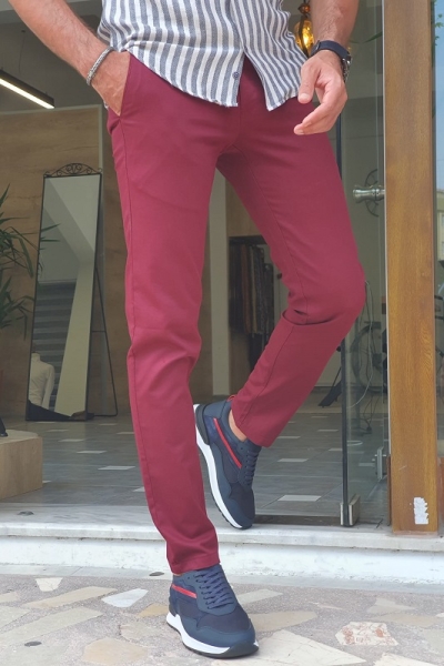 Burgundy Slim Fit Cotton Pants for Men by GentWith.com with Free Worldwide Shipping