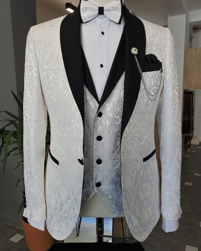 Ecru White Slim Fit Shawl Lapel Tuxedo for Men by GentWith.com with Free Worldwide Shipping
