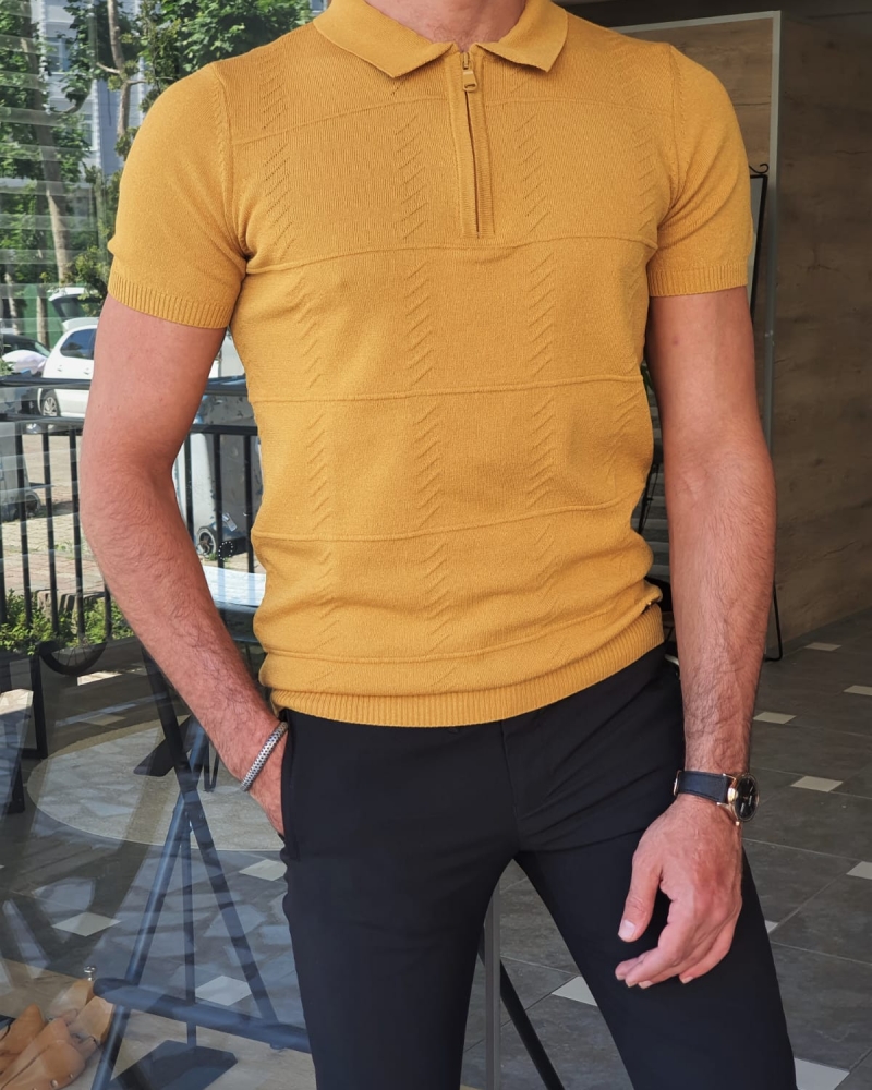 Mustard Slim Fit Zipper Polo T-Shirt for Men by GentWith.com