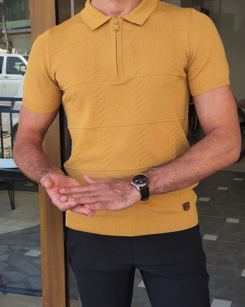 Mustard Slim Fit Zipper Polo T-Shirt for Men by GentWith.com with Free Worldwide Shipping