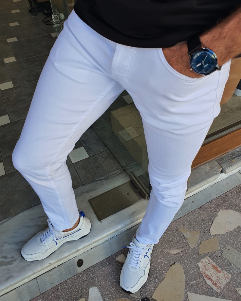 White Slim Fit Jeans for Men by GentWith.com with Free Worldwide Shipping