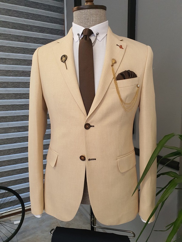 Beige Slim Fit Notch Lapel Cotton Suit for Men by GentWith.com with Free Worldwide Shipping