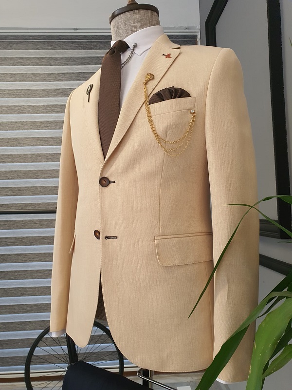 Beige Slim Fit Notch Lapel Cotton Suit for Men by GentWith.com with Free Worldwide Shipping