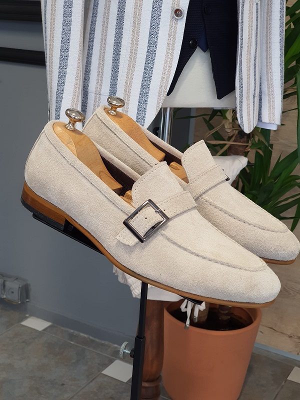 Beige Suede Buckle Loafers for Men by GentWith