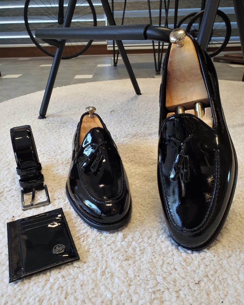 Black Patent Leather Tassel Loafers for Men by GentWith.com with Free Worldwide Shipping