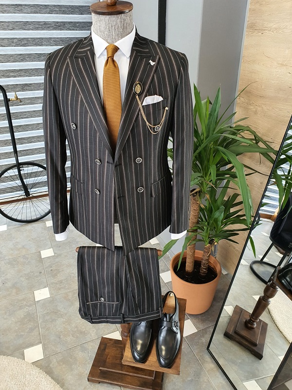 Black Slim Fit Double Breasted Pinstripe Suit for Men by GentWith.com with Free Worldwide Shipping