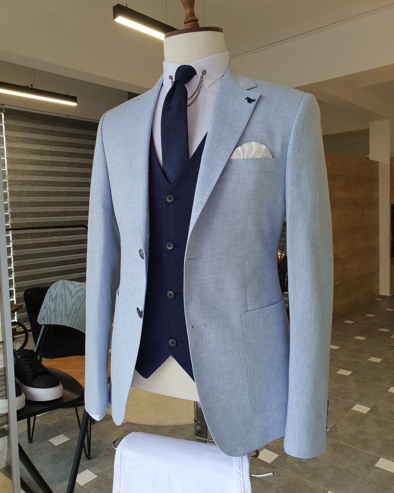 Blue Slim Fit Notch Lapel Linen Blazer for Men by GentWith.com with Free Worldwide Shipping