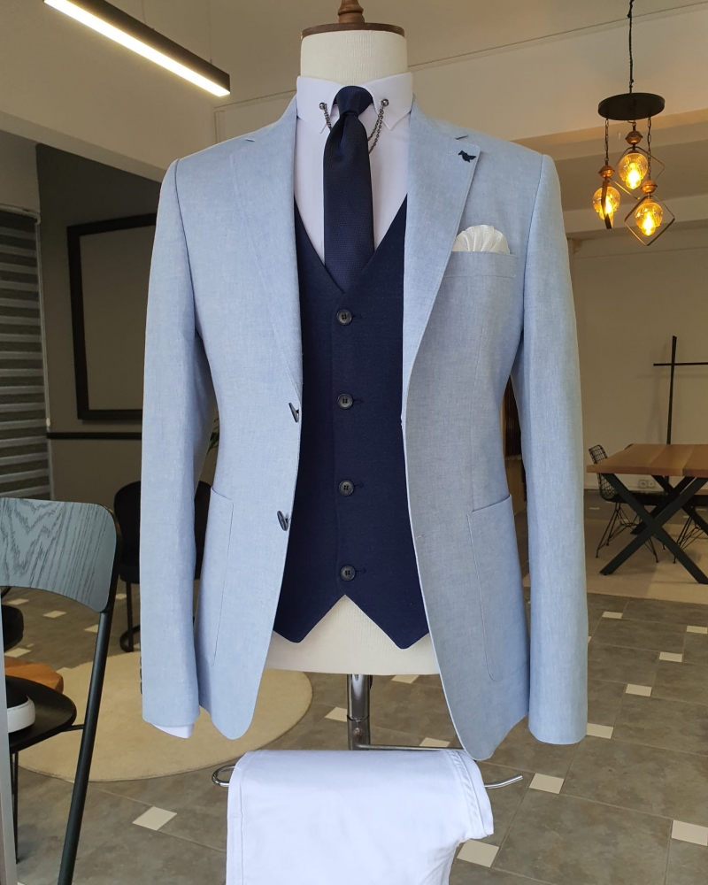 Blue Slim Fit Notch Lapel Linen Blazer for Men by GentWith.com with Free Worldwide Shipping