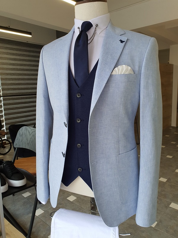 Blue Slim Fit Notch Lapel Linen Suit for Men by GentWith.com with Free Worldwide Shipping