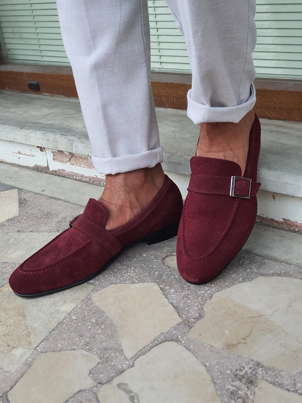 Burgundy Suede Buckle Loafers for Men by GentWith.com with Free Worldwide Shipping