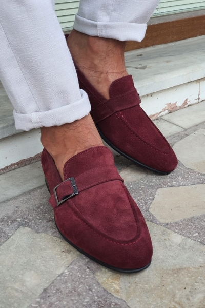 Burgundy Suede Buckle Loafers for Men by GentWith.com with Free Worldwide Shipping