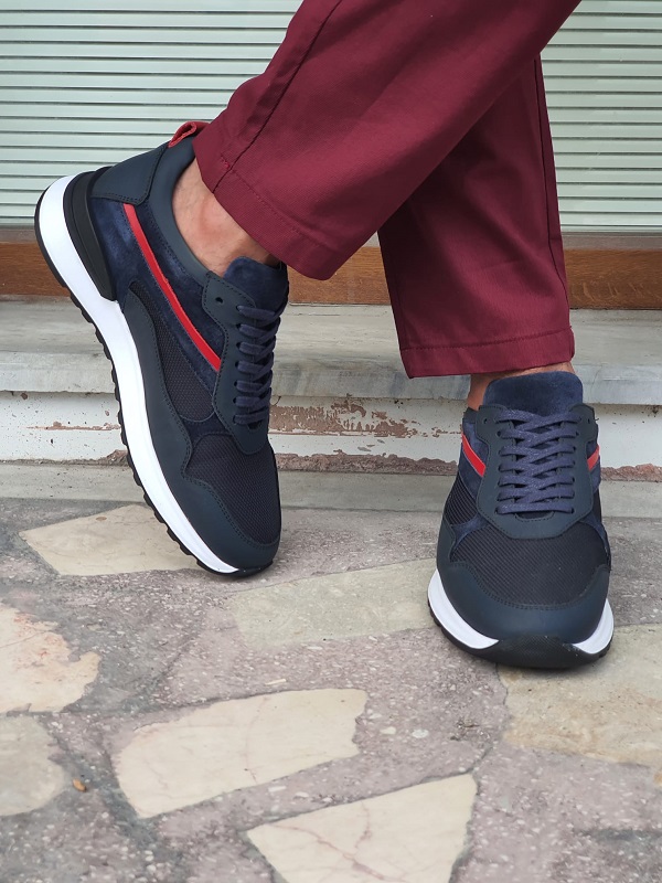 Navy Blue Mid-Top Sneakers for Men by GentWith.com with Free Worldwide Shipping