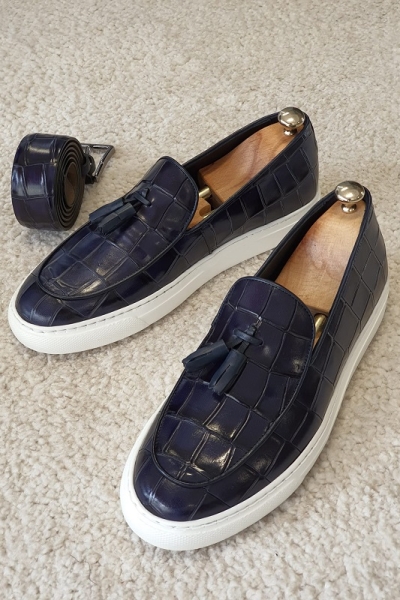 Navy Blue Tassel Loafers for Men by GentWith.com with Free Worldwide Shipping