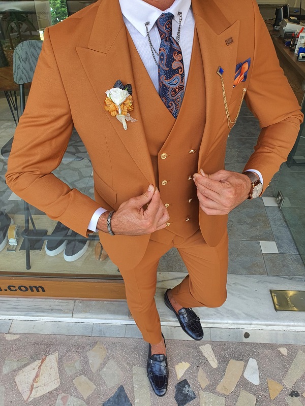 Brown Slim Fit Peak Lapel Wool Suit for Men by